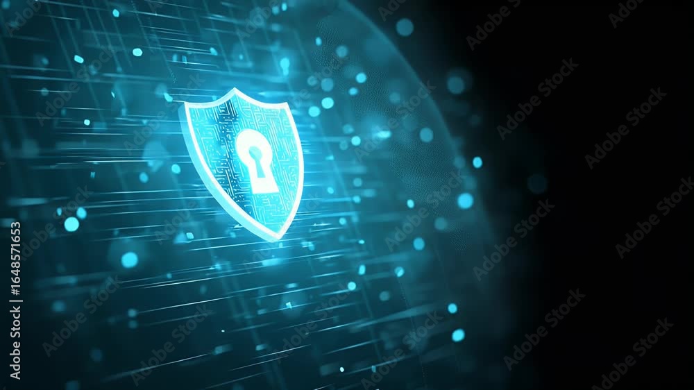 Poster a modern digital background featuring an abstract shield with elements of security symbols and circu