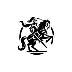 Stylized Knight on Rearing Horse Monochrome Emblem Design.