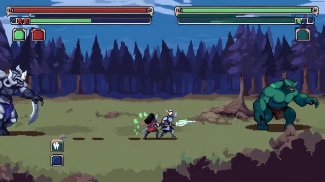 Video game screenshot of a pixel art battle between heroes and monsters in a forest.