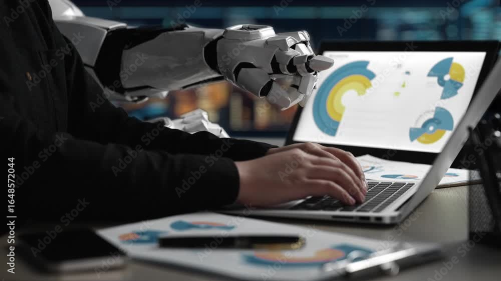 Poster a modern workspace featuring an ai assistant collaborating with a human to analyze business data, de