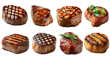 Grilled steak Collection: A mouthwatering assortment of perfectly grilled steak, showcasing a variety of cuts, char marks, and culinary expertise.