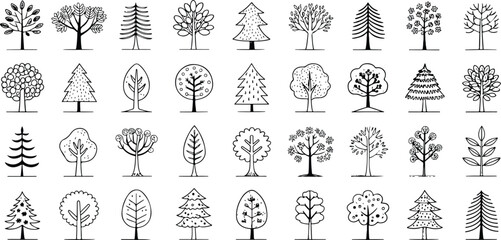 Diverse Collection of Hand Drawn Tree Illustrations for Botanical and Forest Themed Designs and Creative Projects
