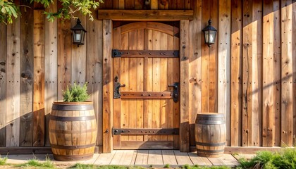 Rustic wooden door flanked by barrels,  sunlit, outdoor setting
