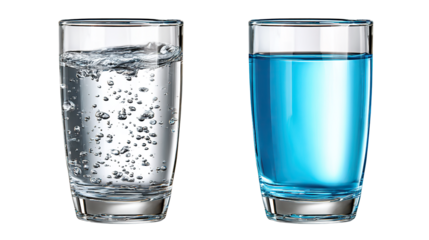 Water Glass Composition: Two glass featuring drinking water (pure and blue) standing side by side, portraying contrast and visual allure. 