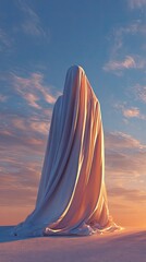 Silhouette draped in white fabric at sunset
