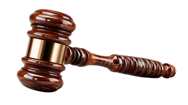 Gavel in Court: Close-up of a beautifully crafted wooden gavel, its polished surface gleams, symbolizing the solemnity of law, order, and the pursuit of justice in a court.