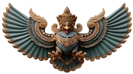 Majestic Garuda Statue: A detailed, vibrant Garuda statue, showcasing intricate design with outstretched wings in a close-up shot, exuding a sense of ancient art and cultural significance.