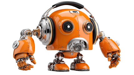 Orange Robot Listening Music: a cute orange robot with big black eyes and a pair of headphones, enjoying listening to music.