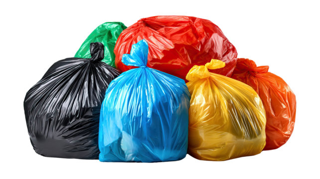 Garbage Bags: A vibrant collection of colorful garbage bags, brimming with waste. Capture the essence of waste management with these essential items in full focus.