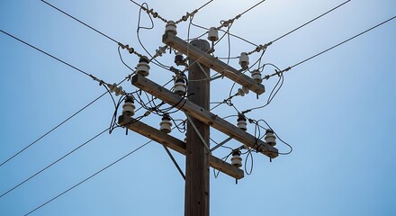 Power lines against a light blue sky illustrating energy infrastructure and communication networks