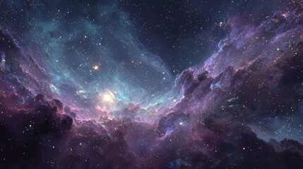 Fototapeta premium Digital wallpaper showcasing a detailed space scene with galaxies, stars, and nebulae glowing in bright purples, blues, and pinks, ideal for cosmic-themed designs and wallpapers.