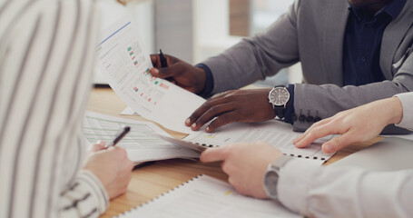 Fototapeta premium Hands, meeting and people with documents, office or financial analyst with data, budget or teamwork. Accountant, analysis and group with paperwork for business development, discussion and planning