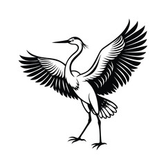 Elegant line art illustration of an egret bird spreading its majestic wings on a clean white background