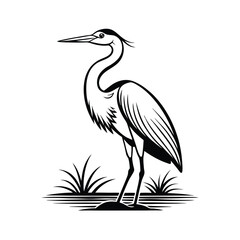Elegant egret standing delicately in water line art illustration