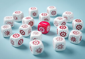 Red die with exclamation mark surrounded by white dice with virus symbols on a light blue background