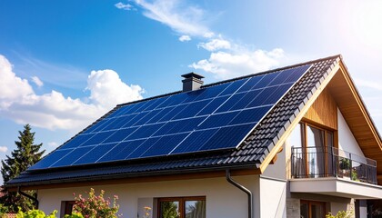 Fototapeta premium Modern home showcasing solar panels on roof, embracing sustainable energy and green living concepts