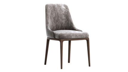 Modern Upholstered Dining Chair with Dark Wood Legs and Textured Gray Fabric, cut out transparent
