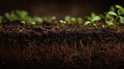 Sprouting green seedlings in fertile soil cross section growth agriculture farming gardening nature and organic plant cultivation background