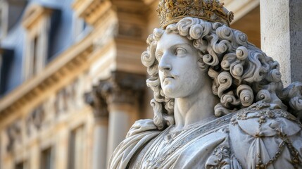 Fototapeta premium Close-up of Antique Marble Sculpture of a Crowned Man, Regal Elegance