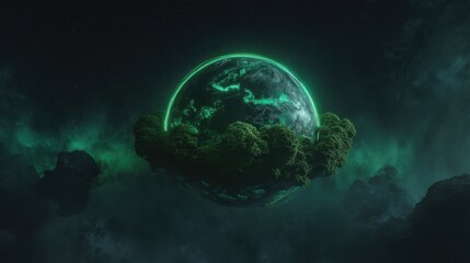 An artistic depiction of a glowing green planet floating in space,