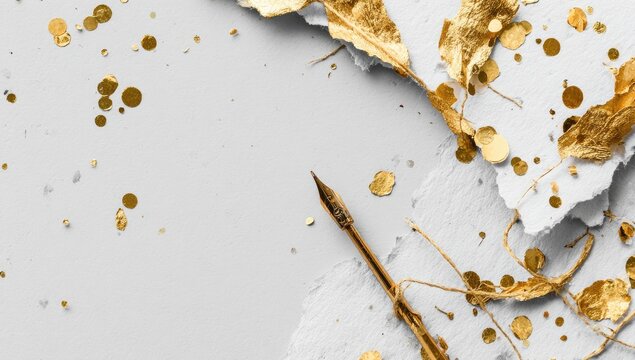 Gold confetti and torn paper on a light gray background with a gold pen nib