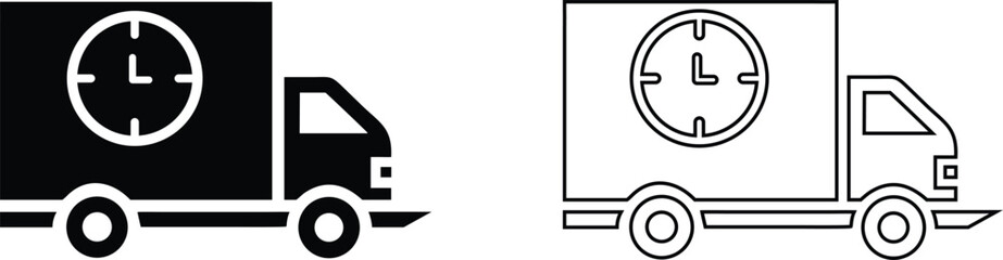 Shipping fast delivery truck with clock icon. Fast shipping delivery icon vector. Delivery time line truck silhouette and line art vector