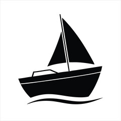 Boat Sailing on a Water Line Silhouette Vector Icon on White Background

