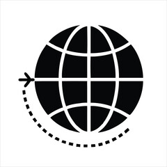 Globe with Lines and Flight Path Silhouette Vector Icon on White Background