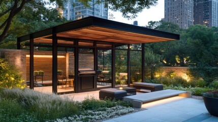Fototapeta premium Modern rooftop garden design with slatted roof, party seating and glass room 
