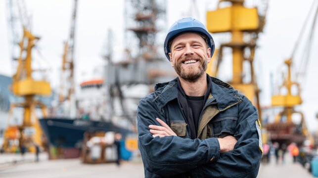 A smiling worker in a hard hat stands confidently in a busy port environment, surrounded by cranes and boats.