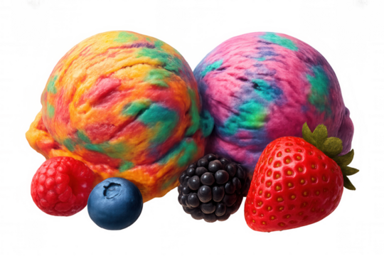 Colorful rainbow ice cream scoops garnished with vibrant fresh strawberry, raspberry, blueberry against clean transparent backdrop