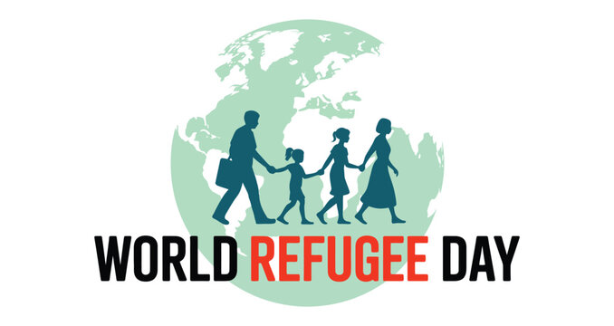 world refugee day logo with silhouetted family walking over green globe and bold typography promoting compassion, awareness and solidarity