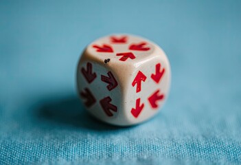 Close-up of a light beige die with red arrows