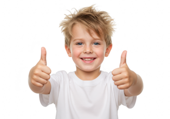 Happy young boy giving two thumbs up isolated on transparent background