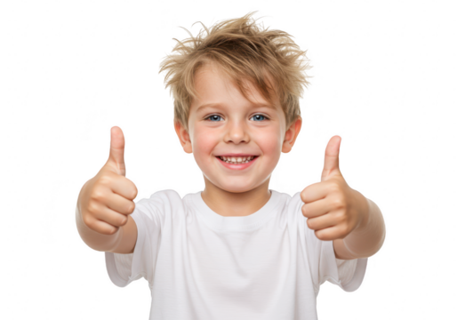 Happy young boy giving two thumbs up isolated on transparent background