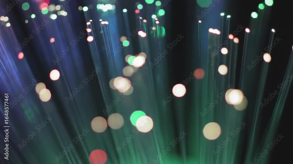 Poster glowing fiber optic strands creating a vibrant abstract bokeh background, a visual concept of high-s