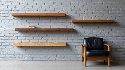 Digital art rendering of a minimalist interior with an empty wooden shelf and a black leather armchair against a grey brick wall background, perfect for a mockup or a design display