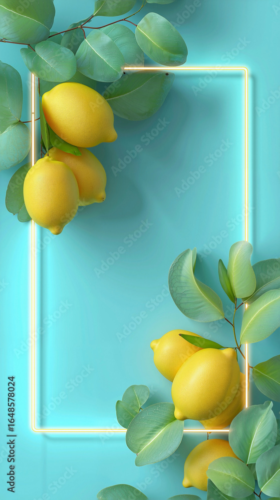 Poster a mockup design featuring a rectangular frame with a vivid yellow neon light border and a minimalist