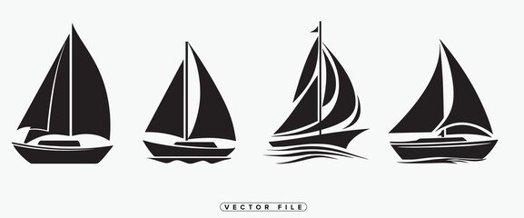 Four black silhouettes of sailboats on a white background