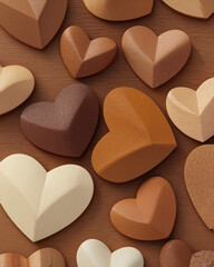 Obraz premium a visually appealing artistic composition of wooden hearts, each with unique textures and shades from light brown to deep red, creating a textured background