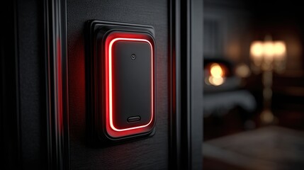 Modern light switch with red glow in dark room