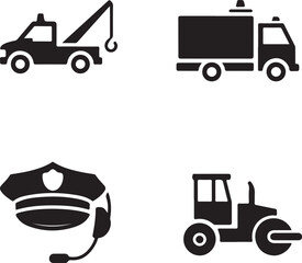 Flat Vector Black Tow Truck and Police Icon Set  Ideal for Automotive UI, Vehicle Recovery, Roadside Support, Transport Apps, and Emergency Service Designs