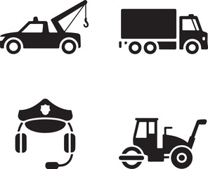 Minimalist Tow Truck and Emergency Service Icon Set – Flat Black Vector for Roadside Assistance, 24/7 Support, Vehicle Towing, Police, and Auto Repair Apps & Branding