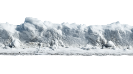 Closeup of accumulated snow pile with icy texture against white background, cut out transparent