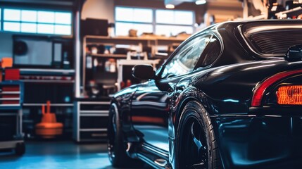 Sleek black sports car in a well-equipped garage with organized shelves