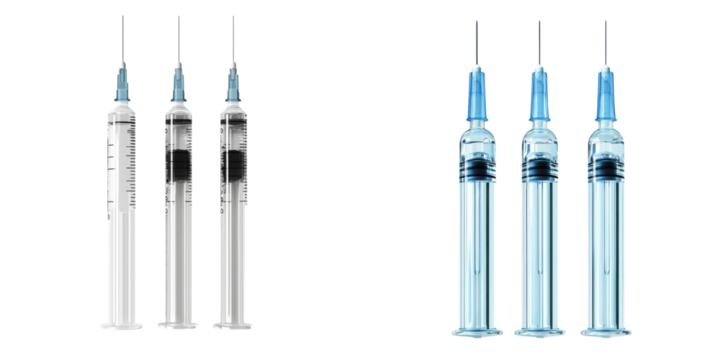 Syringes arranged in a row with distinct designs and colors. isolate on transparent background