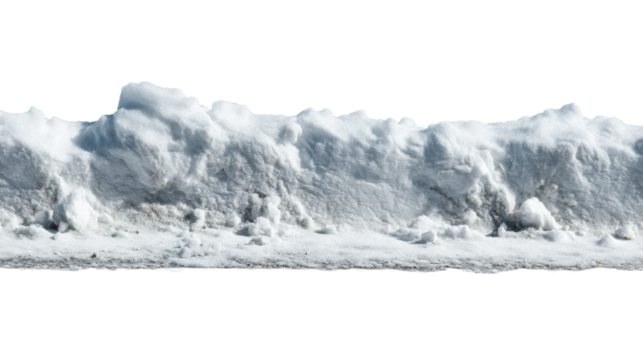 Closeup of accumulated snow pile with icy texture against white background, cut out transparent