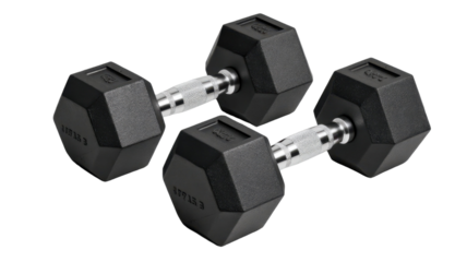 Studio shot showcasing a pair of heavy black dumbbells with silver handles