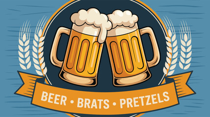 beer mugs clinking with foam and wheat stalks in circular design, banner text beer brats pretzels for oktoberfest celebration theme