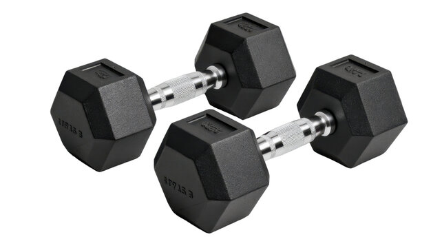 Studio shot showcasing a pair of heavy black dumbbells with silver handles